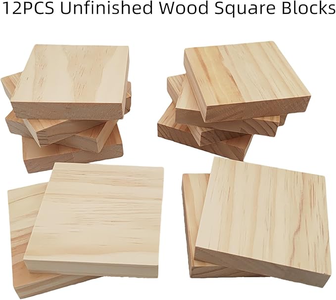 12PCS Unfinished Wood Square Blocks for Crafts, 4x4x0.8in Blank Wooden Squares Pine Wood Boards for Wood Carving,DIY Wood Coasters,Painting & Burning
