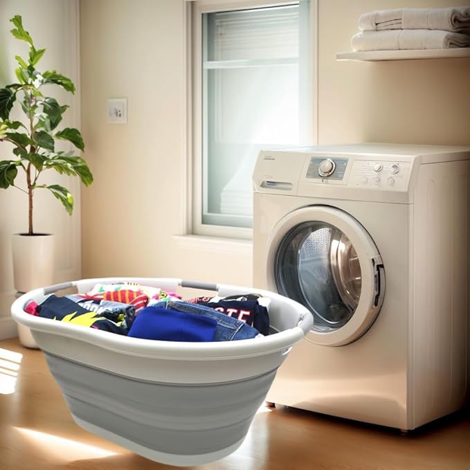 SAMMART 57L (15 Gallons) Collapsible 3-Handled Plastic Laundry Basket - Oval Tub - Portable Washing Tub-Space Saving Laundry Hamper, Water Capacity 44L / 11.6 Gallon (2, Grey/Grey)