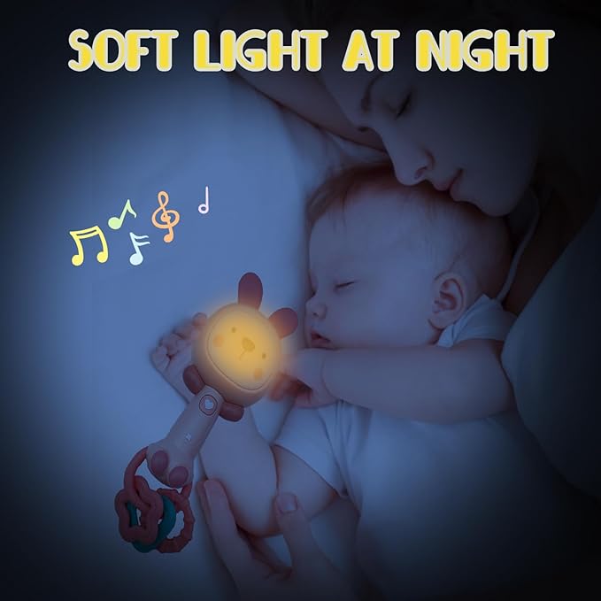 Soft Pink Bunny Baby Musical Rattle Toy - Light-Up Teether & Sensory Chew, BPA-Free Soft Rubber, Baby Shower & 1st Birthday Gift for 6-18 Months 1+ Year Old