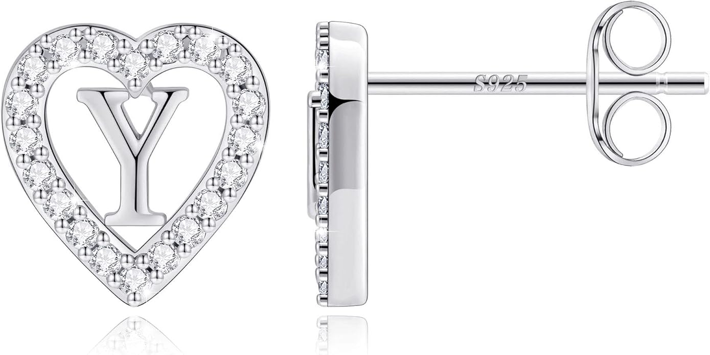 Anoup Christmas Gifts for Grandkids Girls Earrings - S925 Sterling Silver Post CZ Hypoallergenic Stud Heart Initial Earrings for Women Kids Jewelry Stocking Stuffers for Teen Girls Birthday Gifts