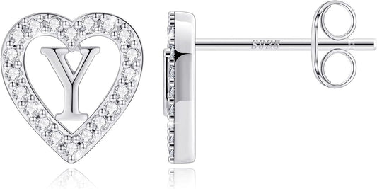 Anoup Christmas Gifts for Grandkids Girls Earrings - S925 Sterling Silver Post CZ Hypoallergenic Stud Heart Initial Earrings for Women Kids Jewelry Stocking Stuffers for Teen Girls Birthday Gifts