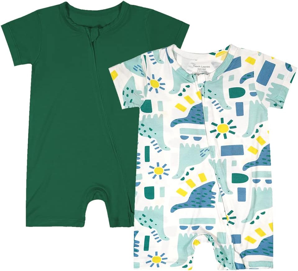 Teach Leanbh Baby Boys Girls 2 Pack Bamboo Viscose Pajamas 2 Way Zipper Short Sleeve Romper Jumpsuit Sleep and Play