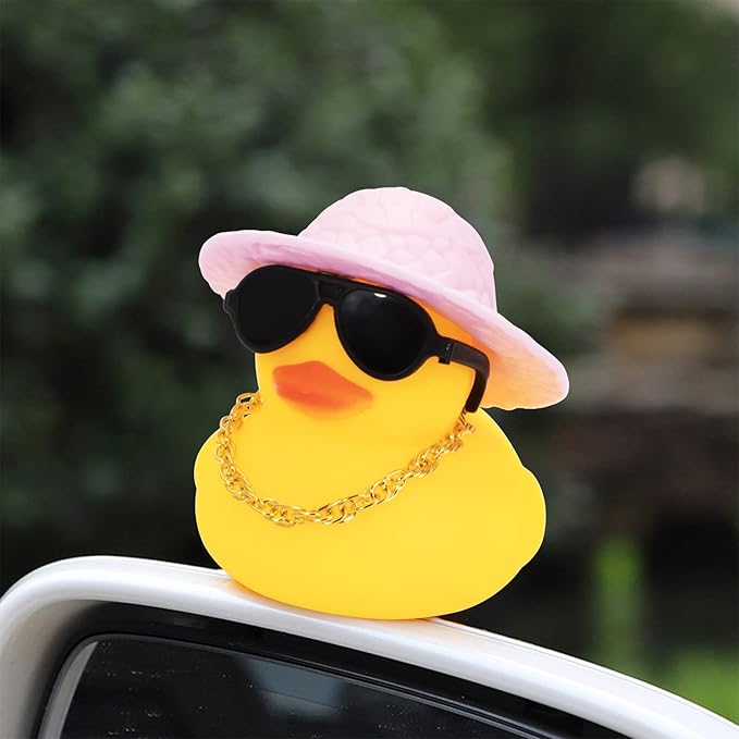 wonuu Car Rubber Duck, Yellow Duck Decoration Dashboard with Sun Hat Swim Ring Necklace Sunglasses for Car Dashboard Decorations