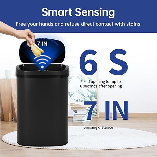 Stainless Steel Kitchen Trash Can Bathroom Bedroom Office Waste Bin with Lid Automatic Sensor Touch Free Garbage Can 13 Gallon / 50L,Black