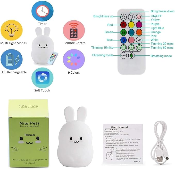 Rabbit Night Light for Kids, Bedside Lamp for Children, Baby Nursery Lamp for Breastfeeding Safe, Break Resistant, Adjustable Brightness & Color, Touch Control + Remote Control - Medium Rabbit