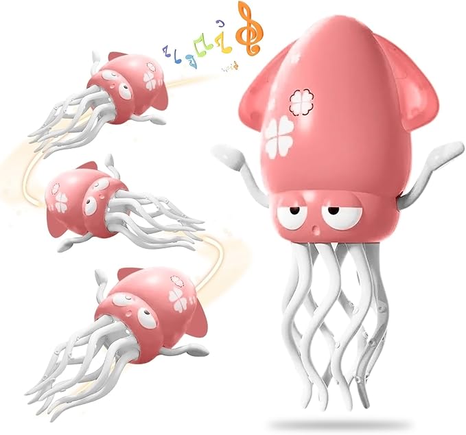 Dancing Octopus Toy Magic Electric Playful Tummy Time Toy, Auto Evasion Crawling Dancing Octopus with Fishing Rod for Baby Toddlers for 3 4 5 6 Year Old Kids Boy Girl Birthday Gifts (Pink)