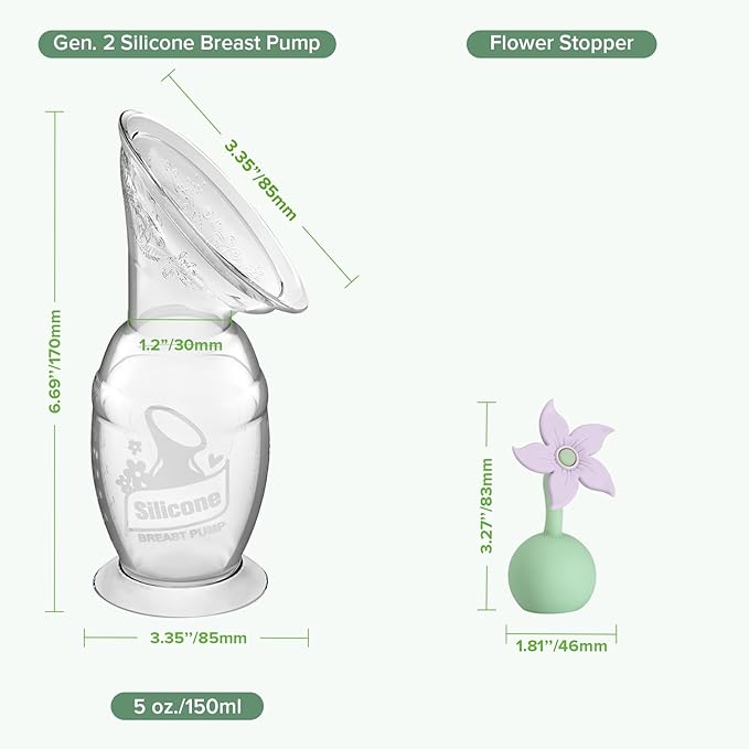 haakaa Manual Breast Pump with Flower Stopper Set, Gen.2 Silicone Hand Pump with Suction Base, BPA Free (5oz/150ml, Lavender)