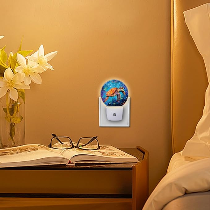 Round LED Night Lights Lamp with Dusk to Dawn Sensor, Orange Sea Turtle Swimming Gracefully Night Light Plug Into Wall for Kids Room, Bedroom, Bathroom, Kitchen, Hallway