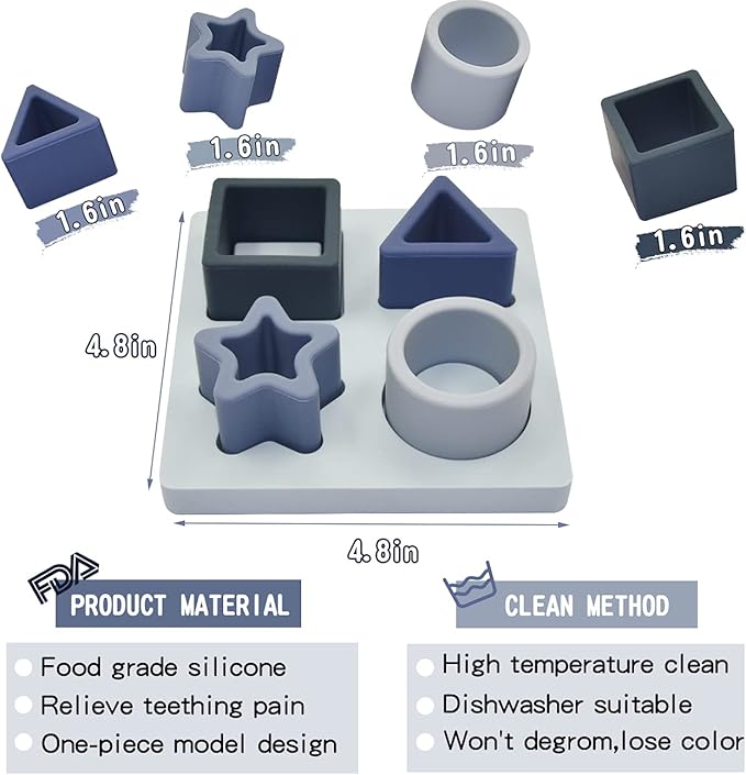 Baby Stacking Building Blocks Silicone Teething&Squeezing Shape Sorter Puzzle Montessori Sensory Toys for Babies Toddlers 6 to 12 Months(Blue)
