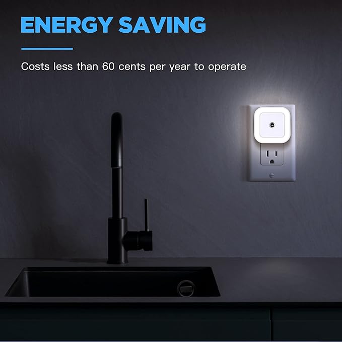 Dimmable LED Night Light with Dusk-to-Dawn Sensor for Nursery, Kids Room, Bedroom, Hallway, Stairs, Bathroom, Kitchen, Daylight White, Pack of 4