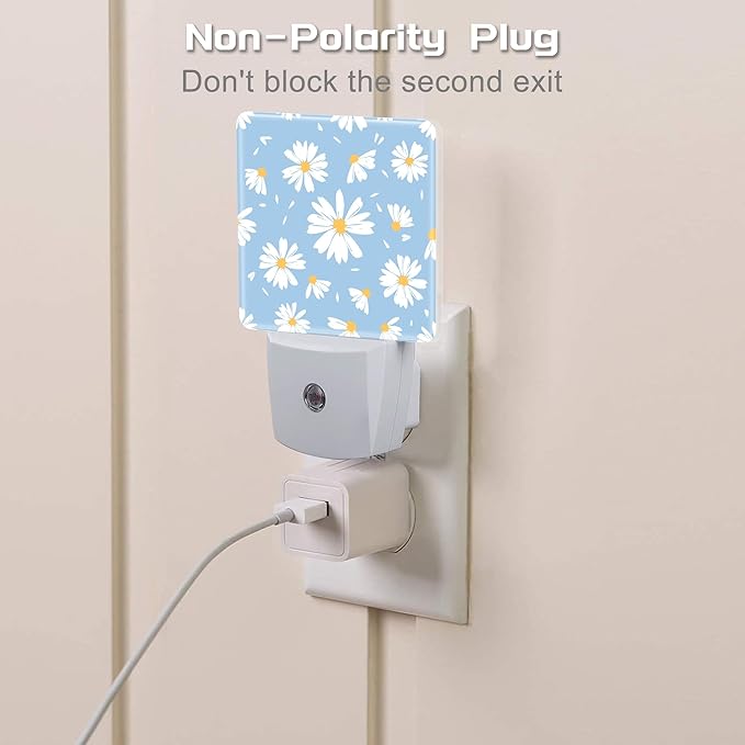 Watercolor White Daisies Flowers Night Light for Kids,Abstract Floral Flying Petals Night Light Plug in with Dusk to Dawn Sensor,0.5w Energy Saving Nightlight for Hallway Stairway Kitchen Bedroom