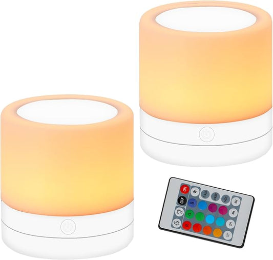 Nursery Night Light for Kids, USB Rechargeable Small Desk Lamp,13 RGB Colors & 4 Brightness & 1 Remote, Touch Bedside Cordless Table Lamp, Portable Night Lamp for Bedroom Living Room (2 Pack White)