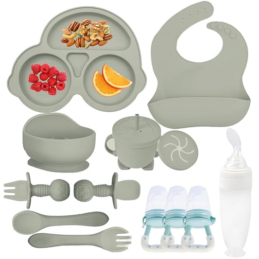 Silicone Baby Feeding Set,Miicasa Baby Led Weaning Supplies Kit With Suction Bowl & Car Plate, Bib, Spoon, Fork, Cup - Food-Grade Silicone, Dishwasher-Safe, No BPAs - For 3+ Months