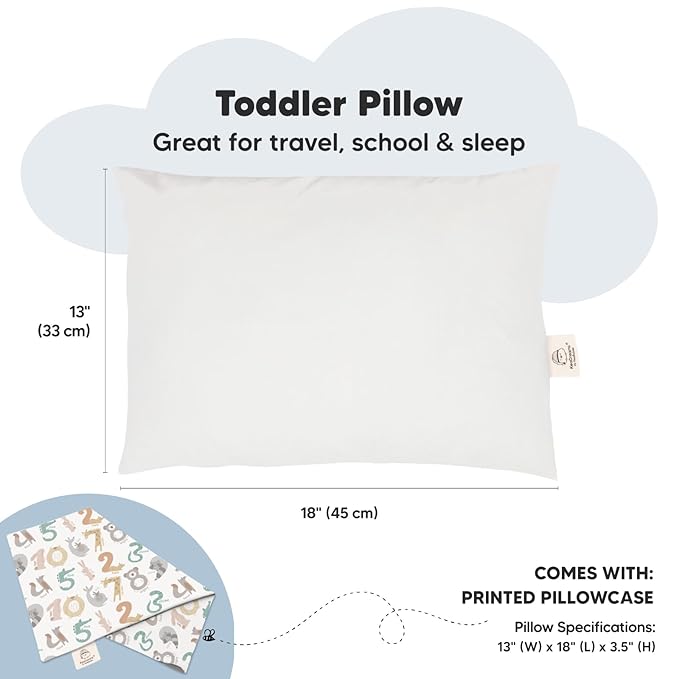 Toddler Pillow with Pillowcase - 13x18 My Little Dreamy Kids Travel Bed Pillows for Sleeping, Organic Cotton Small Pillowcase, Soft & Breathable, Machine Washable, Toddlers 2-5 Years Old (Wild Count)