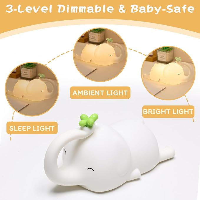 Silicone Night Light for Kids, Squishy Elephant Lamp - 3 Level Dimmable Rechargeable with Timer, Safe Bedside Light for Nursery Toddler Room
