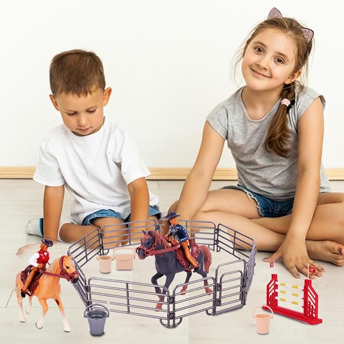 Western Rodeo Horse Toys for Girls and Boys - Cowboy Dodeo with Western Rider and Horse Figurine Fence Horse Toy Set Birthday Gift for Kids Toddlers Ages 3-7 Years Old