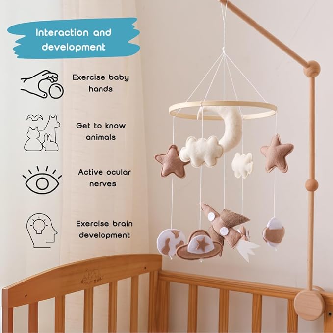 GOODMOM Adventure Sky Wooden Crib Mobile – Handcrafted Baby Mobile with Airplane, Earth & Spaceship Elements, Beige & Brown Nursery Décor, Perfect Gift for Newborns & Baby Showers (Airplane)