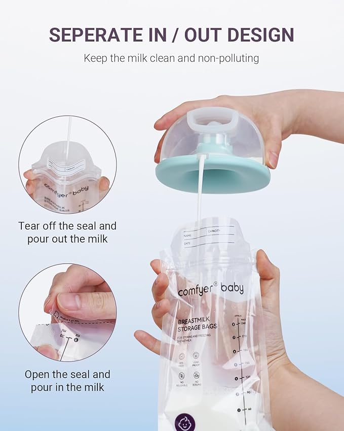 150 Pcs Breastmilk Storage Bags, 8oz Large Capacity, No Leak, Easy Storage with Self Sanding or Lay Flat, in-Out Seperate Design, Recyclable & BPA Free