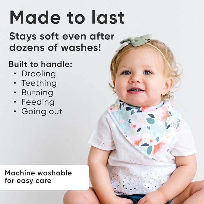 Copper Pearl 4 Pack Soft Cotton Baby Bibs for Drooling and Teething, Absorbent Drool Bibs for Baby Girl and Boy, Adjustable to Fit Newborns to Toddlers, Tons of Styles (Leilani)