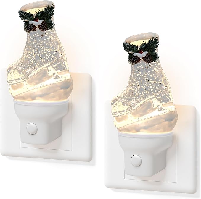 2 Pack Christmas Night Light Plug into Wall Glitter Water Nightlight with USB/Outlet Options, Christmas Ski Boots Decorative Nightlight for Bedroom Kitchen Holiday Decorations Gifts (Ski Boots)