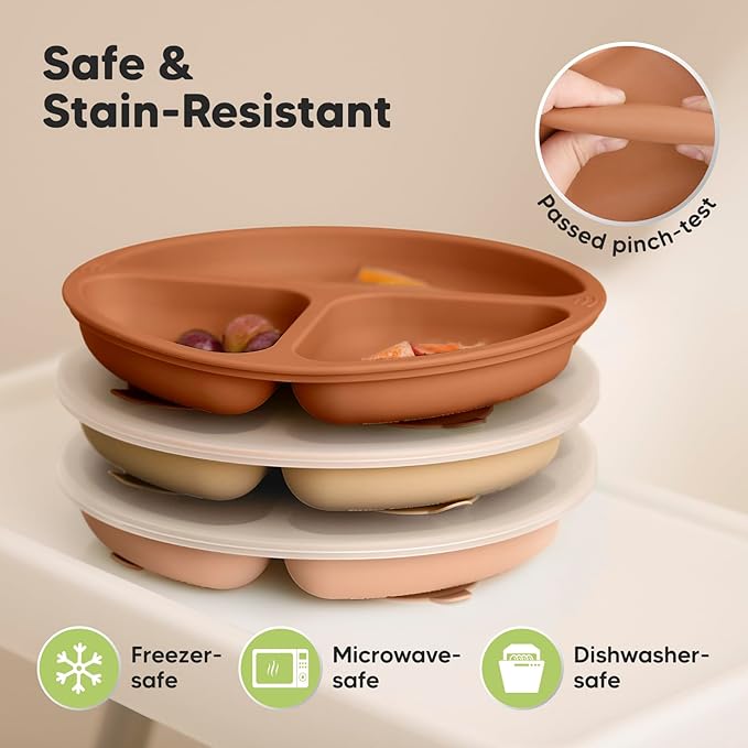 KeaBabies Suction Plates with Lids for Baby - 3-Pack 100% Silicone Toddler Plates with Suction, Divided, BPA-Free Baby Led Weaning Essentials for Kids, Dishwasher, Microwave Safe, Durable (Terracotta)