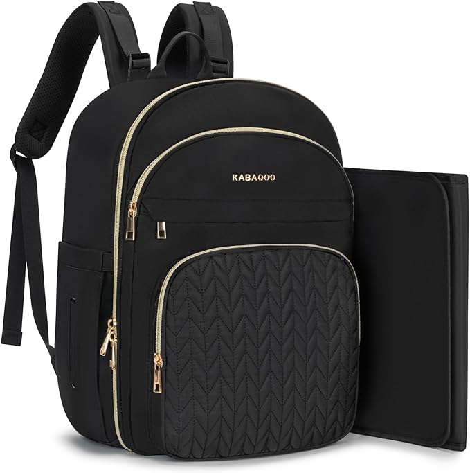 KABAQOO Baby Diaper Bag Backpack, Waterproof Diaper Backpack for Mom & Dad with Changing Pad, Insulated Pockets and Stroller Straps, Baby Shower Gifts for Girls & Boys, Black