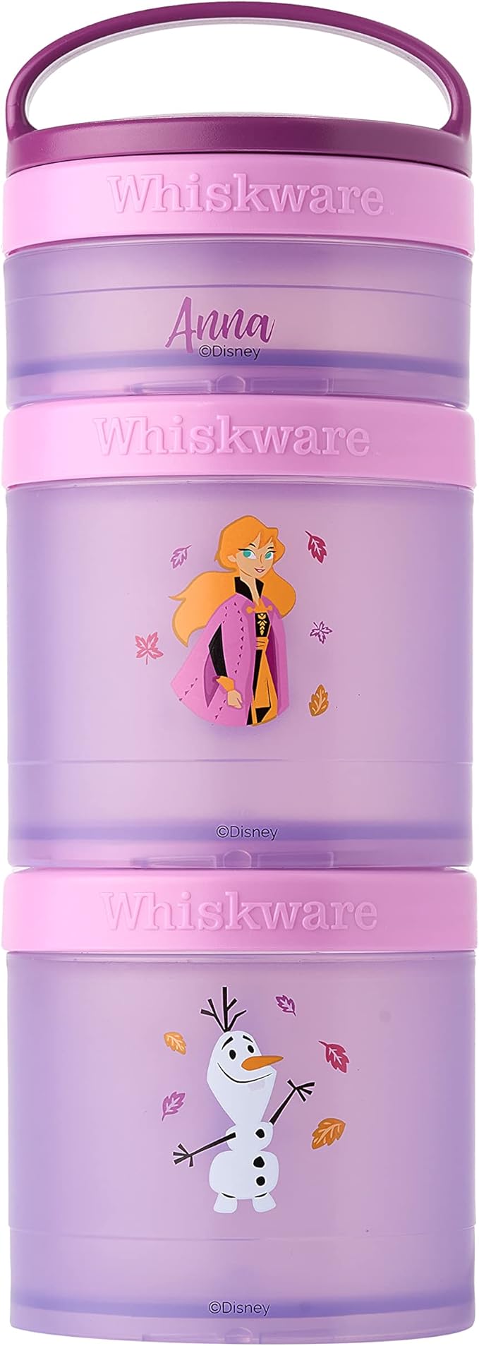 Whiskware Disney Princess Frozen, Stackable Snack Containers for Kids, Durable Food Storage Containers for Daycare, Car, and Airplane Travel, Dishwasher Safe, Anna and Olaf