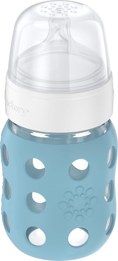 Lifefactory 8-Ounce Wide Neck Glass Baby Bottle with Protective Silicone Sleeve and Stage 2 Nipple, Denim (LG2211WDE4)