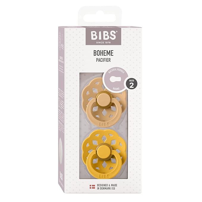 BIBS Boheme Pacifiers 2 Pack BPA Free Cherry Shape Nipple Natural Rubber Latex Made in Denmark | Sand/Honey Bee