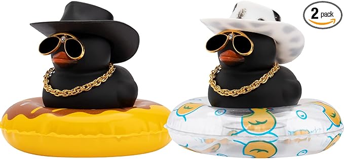 wonuu 2Pcs Car Dashboard Decorations Color Ducks, Rubber Duck for Car Ornament Accessories with Mini Hat Sunglasses Necklace and Swim Ring, A_Black Duck+Black Cowboy&Black Spots Cowboy