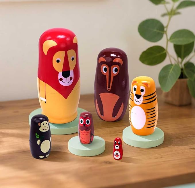 Russian Nesting Dolls, 6 Pcs 6 "Tall Animal Nesting Easter Eggs Toys, Stacking Wooden Handmade Matryoshka Dolls for Kids Toddlers Birthday or Home Decoration Gift (Long Lion)