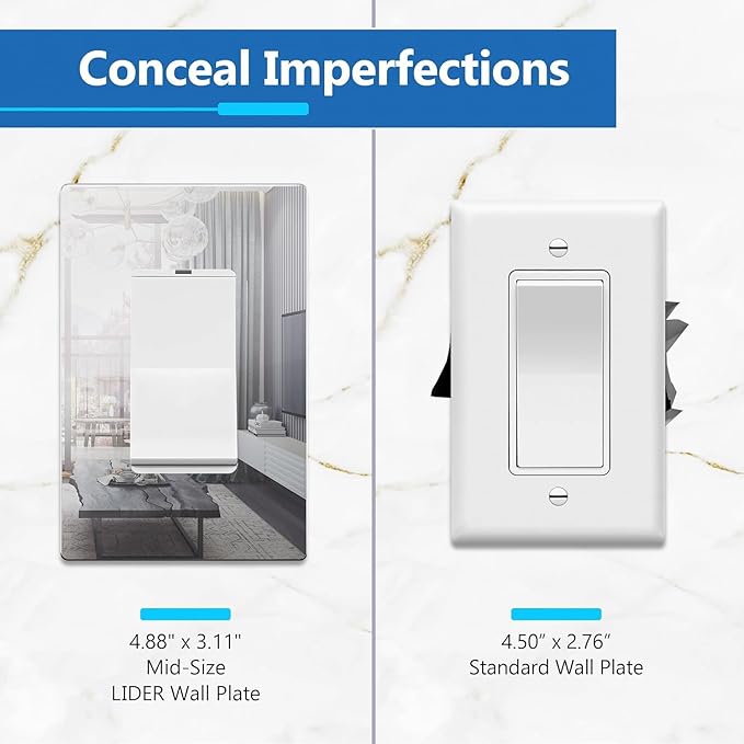 LIDER Decorator Wall Plate, Impact Resistant, Mirrored Acrylic, Plexiglass, Reflective Finish, Modern Upgrade, Screwless Light Switch/Outlet Cover, Mid-Size 1-Gang 4.88" x 3.11", Silver