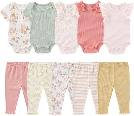 Kiddiezoom Newborn Baby Layette Set 10-Piece with Bodysuits and Pants Set for Unisex Baby Gift Sets