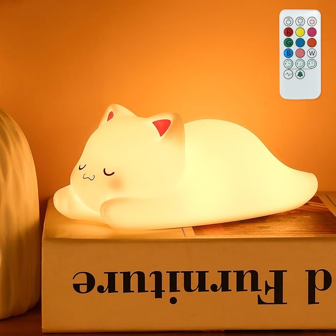 LOVERUIS Cute Night Light for Kids Cat Night-Light Baby Girl Squishy NightLight 1/3 Hour Timer Kitty Light Dimmable Nursery Lamp Colorful Nightlight Gift for Kid Toddler Kawaii Bedroom (CAT)
