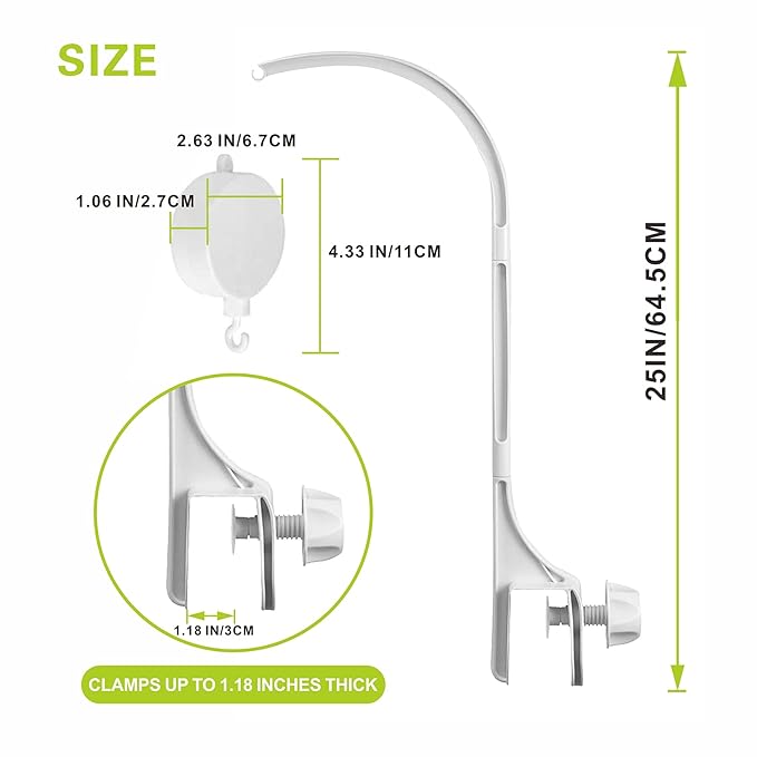 Baby Crib Mobile Arm with Music Box Spin Motor（24 inch ）, AICMEI Nursery Decor Hanger -DIY Toy Decoration Move Bracket，Double nut Adjustment and Fixing