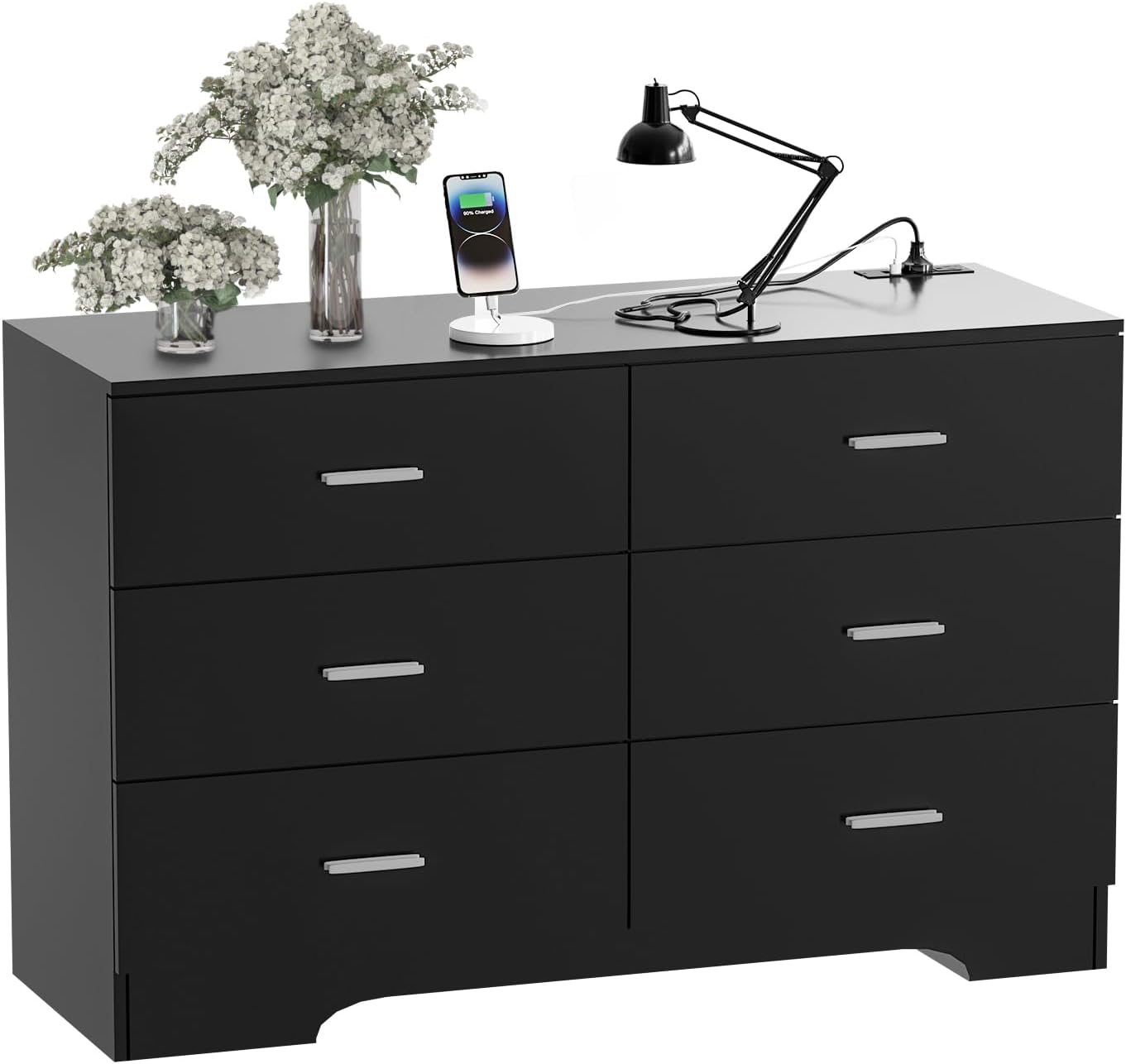 Dresser with Power Outlets Wooden 6 Drawer Dresser with USB and Type C Port Chest of Drawers for Bedroom Tall Black Organizer Storage for Living Room Hallway Closet