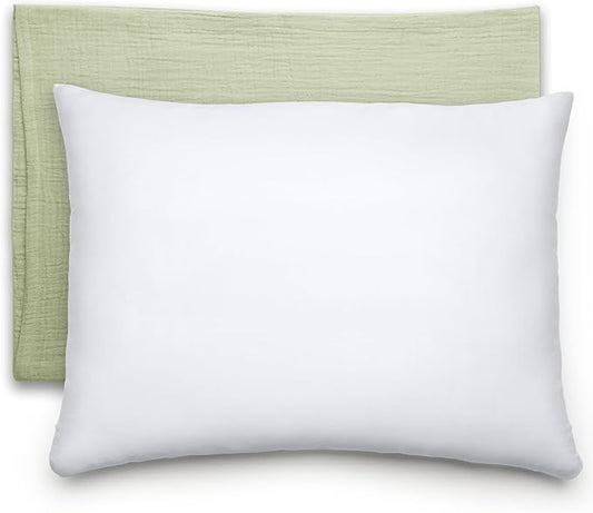 Comfy Cubs Toddler Pillow with Muslin Pillowcase, 13 x 18 in - Travel and Sleep Support for Kids - Lightweight, Breathable Microfiber Fill - Soft and Cozy Small Pillow for Toddlers - Sage