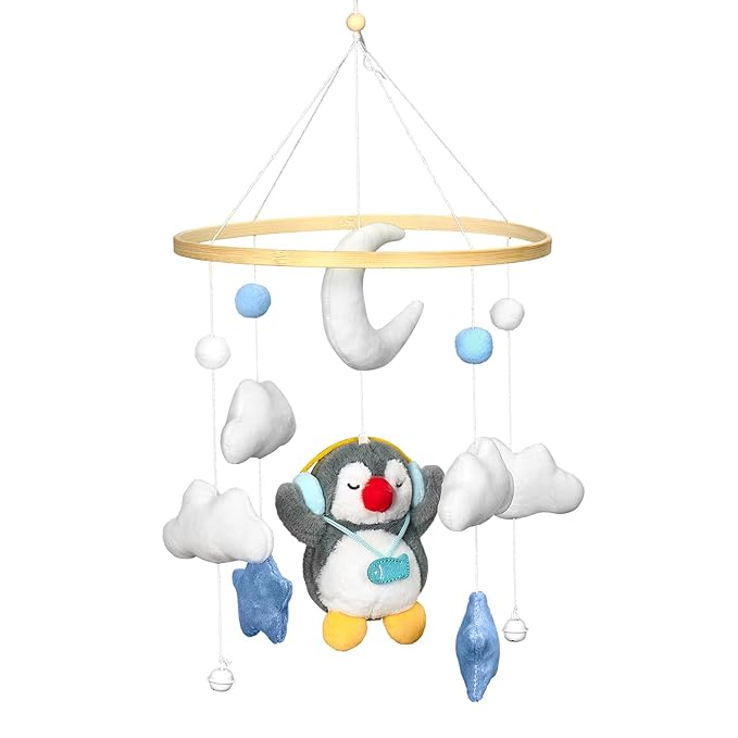 Baby Crib Mobile - Penguin Mobile for Crib, Handmade Furry Nursery for Boys and Girls, Baby Bassinet Mobile Toy - Shower Set for Infant Bedroom Hanging Decoration