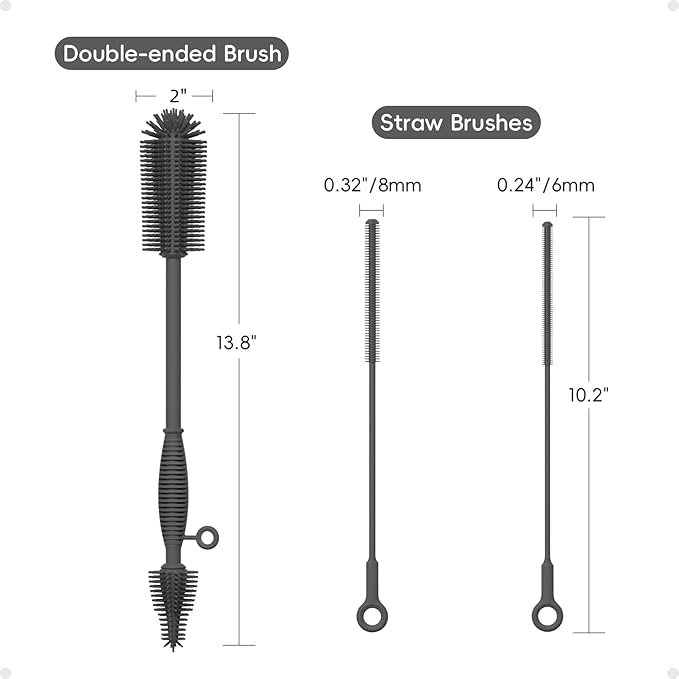 Silicone Cleaning Brush Kit,Water Bottle and Straw Cleaner Brush Set for Tumbler,Baby Bottle,Breast Pump Part,Nipple,Sippy Cup,Glass,Dishwasher Safe,BPA Free,3 Pcs