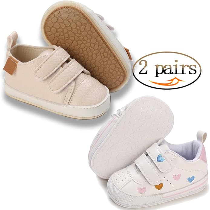 2Pairs Baby Shoes,Boys Girls Non-Slip Rubber Sole Sneakers,Unisex Infant Soft Lightweight First Walking Crib Shoes