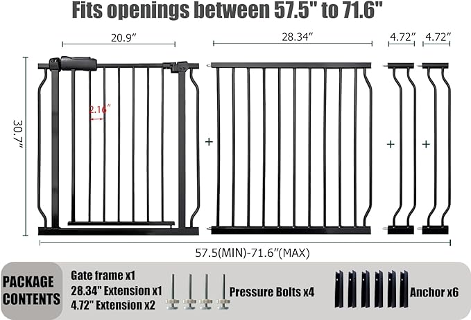 Extra Wide Baby Gate 67-71.6 Inch, Heavy Duty Safety Gate Indoor for Kids & Pets, Black Metal Dog Gate, Pressure Mounted No Drilling Pet Gate for Large Openings, 30 Inch Tall