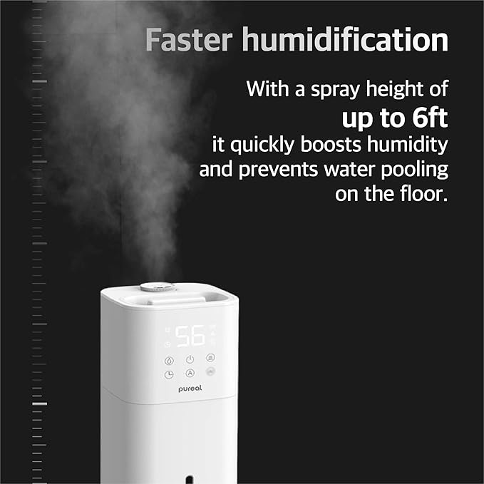 Pureal 10L Tower Humidifier, 83H Runtime, Warm & Cool Mist, Large Room, Top-Fill Tank On Wheels, Auto Mode, 12H Timer, Remote Control, Mood Light, White
