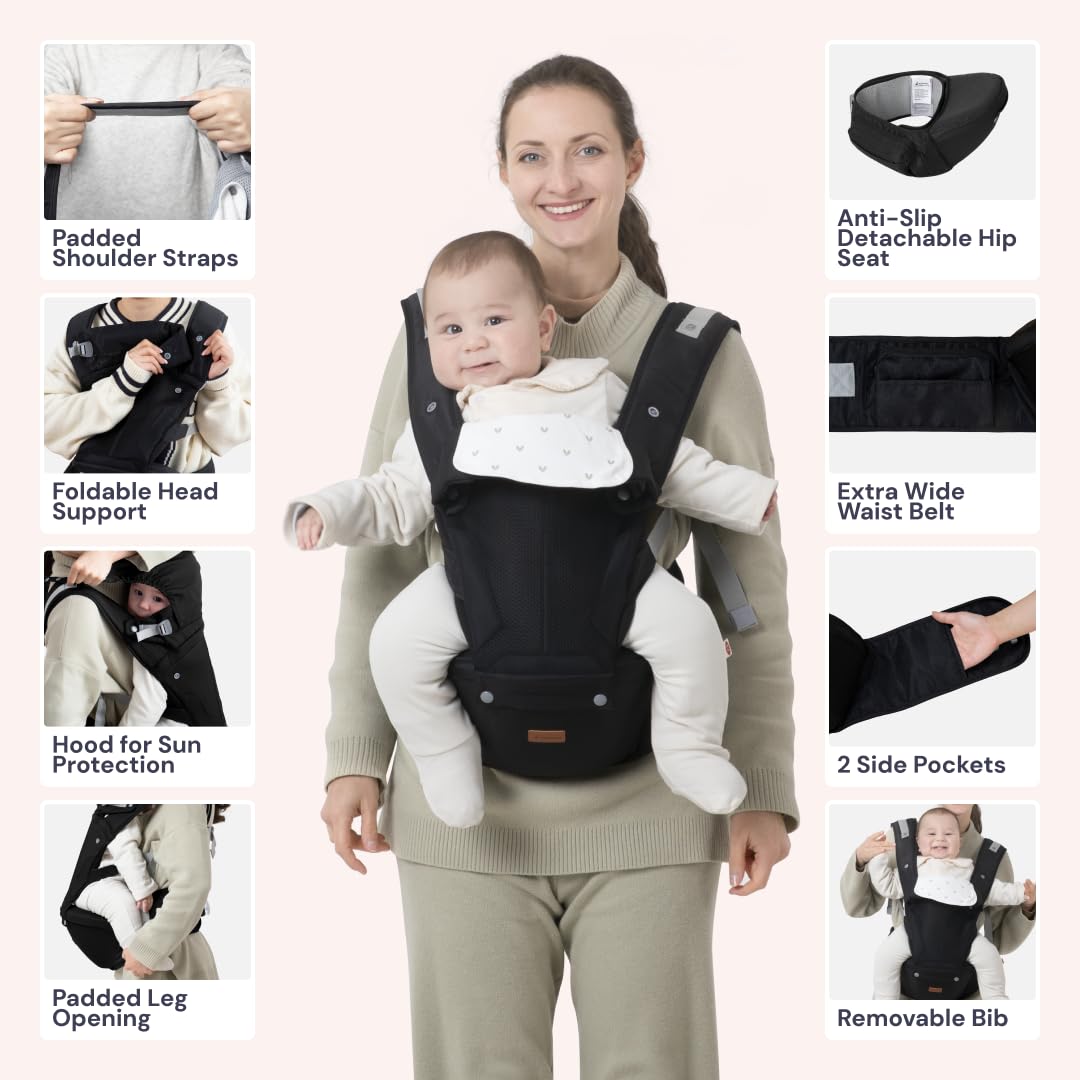 BabbleRoo Grow Carrier – Safety-Certified 6-in-1 Baby Carrier with Hip Seat, Ergonomic & Adjustable Toddler Carrier 7-50 lbs with Hip Support, Hood for Sun Protection, Newborn to Toddler, Black