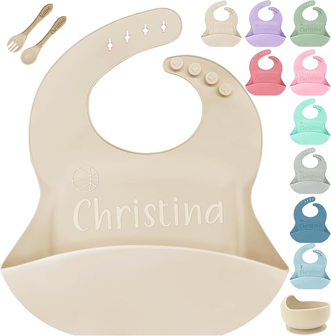 SRdrew Personalized Silicone Bibs Set Custom Engraved Name Icon Toddler Bib Durable Adjustable for Boy Girl
