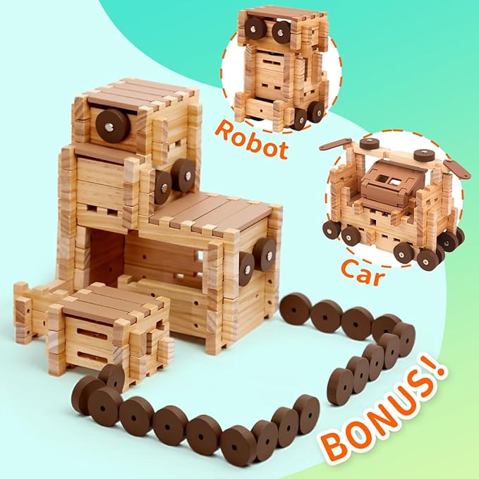 Jovi-mindly＆Notchies Space Wooden Blocks Set 101 PCS Create 40+ Shapes,Toys Educational Wooden Building Blocks Puzzles for Kids Ages 5-8 Boys and Girls,Truck/Excavator,FSC Certified
