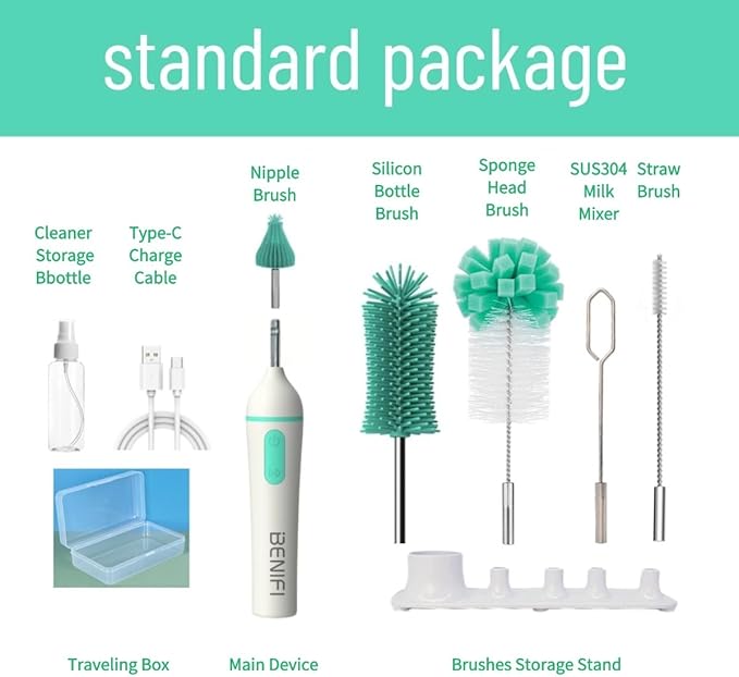 Electric Bottle Brushes Set, Baby Bottle Brush Cleaner, Portable Cleaning Brush Set, Silicon Bottle Brushes, Formula Mixer, Nipple Brush, Straw Brush, Soap Dispenser