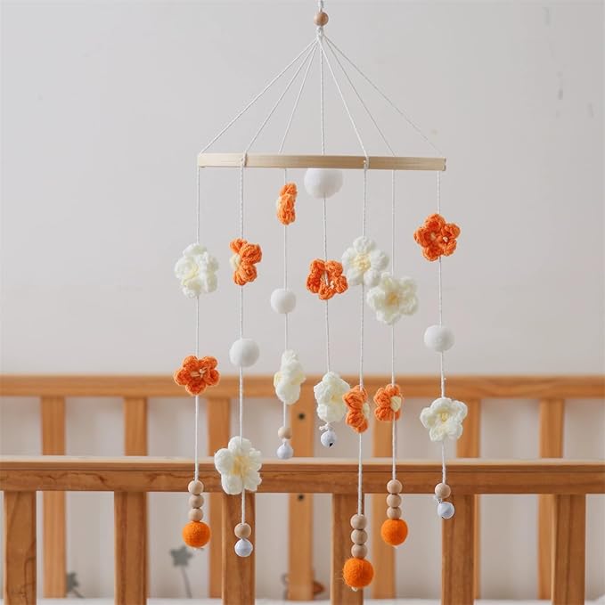 Baby Mobile for Crib - Modern Baby Mobile - Nursery Mobile for Girl or Boy - Hand-Crocheted Colourful Little Flower - Baby Crib Mobile for Boys Girls (B)