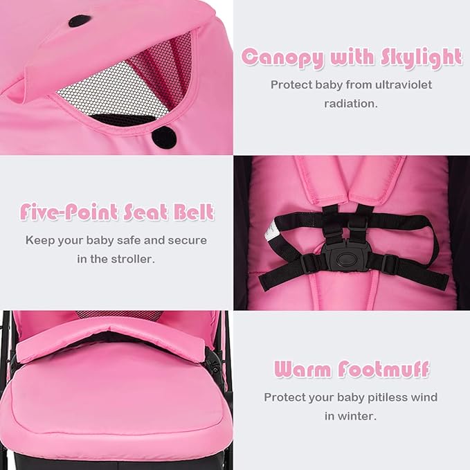 BABY JOY Baby Stroller, 2 in 1 Convertible Carriage Bassinet to Stroller, Pushchair with Foot Cover, Cup Holder, Large Storage Space, Wheels Suspension, 5-Point Harness (Pink)