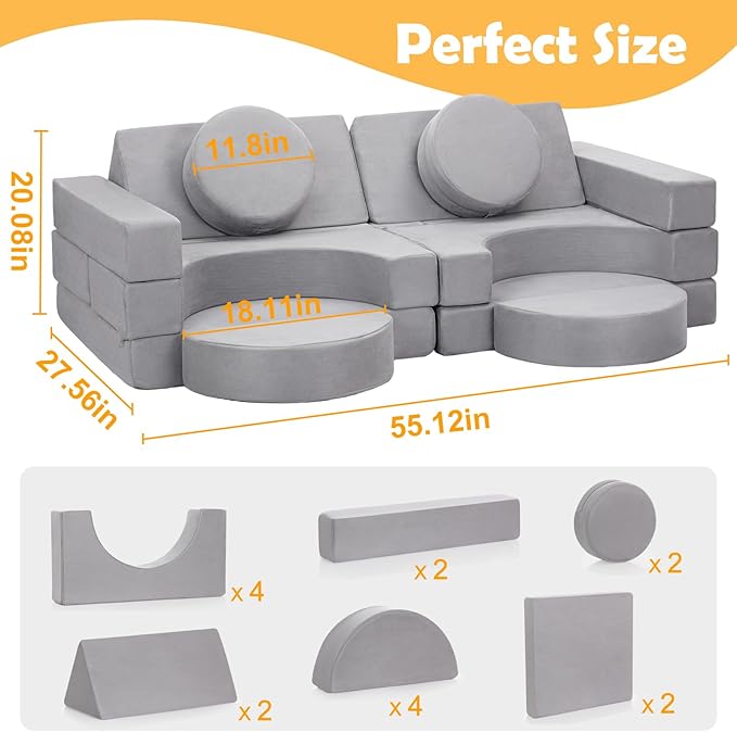 16Pcs Soft Play Blocks for Toddlers & Kids, Foam Climbing & Crawling Toys for Boys & Girls Aged 3+, Corner Climber Nugget Play Couch, Grey