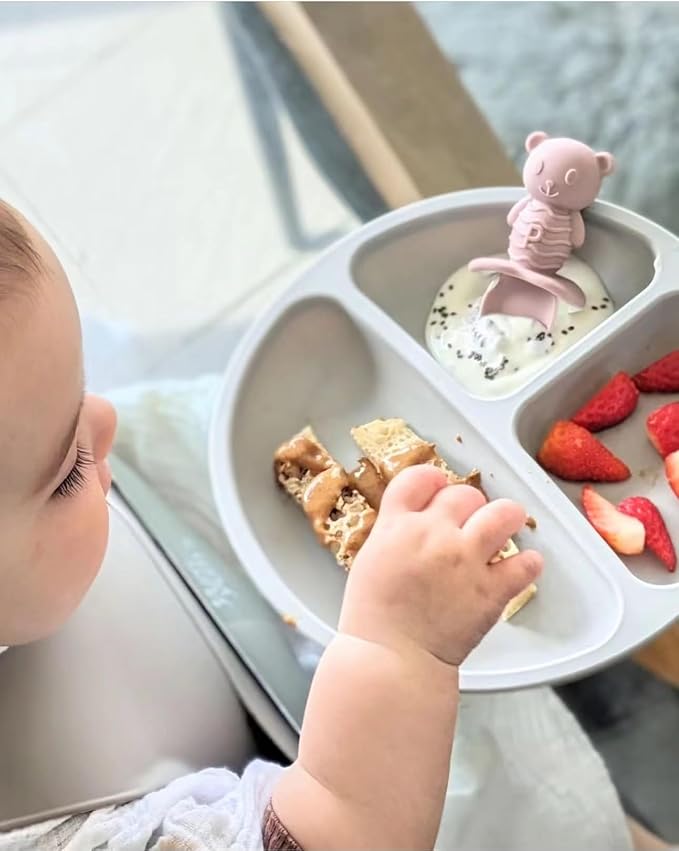 PandaEar 6 Pack Baby Led Weaning Spoons Forks 6+ Months | Silicone Baby Spoons and Fork Self Feeding Utensils, Toddler Infant Anti-Choke Feeding Utensils, Bear Shape (Pink Green Linen)